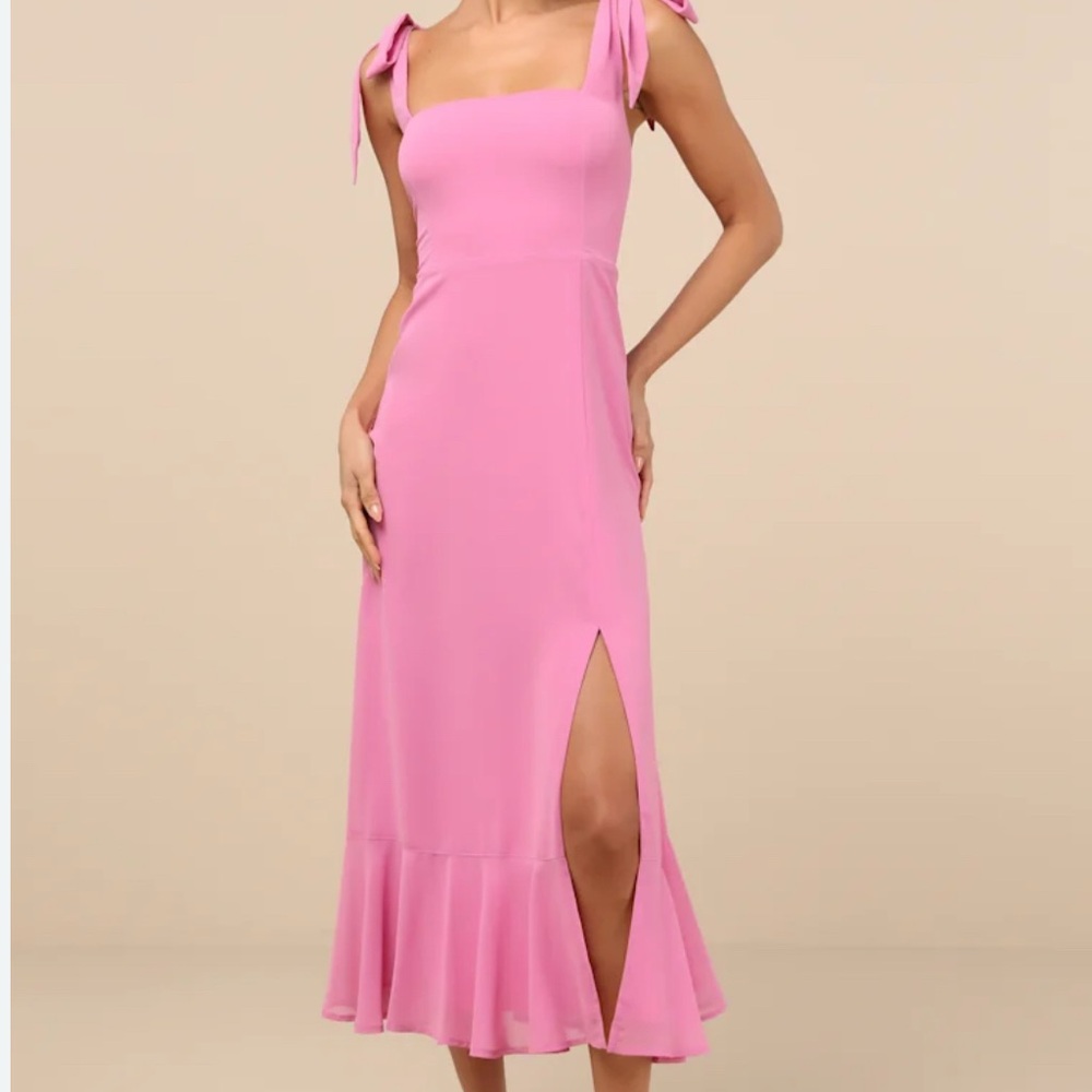 Lulus Summer Invite Pink Tie-Strap Tiered Midi Dress (Small)